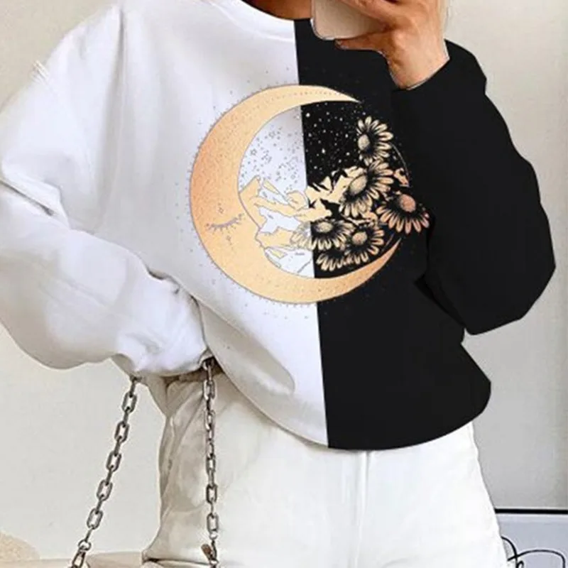 

White Black Moon Print Fashion Women Tops Long Sleeve Oversized Crewneck Sweatshirt Thin Winter Clothes for Teens Hip Hop Style