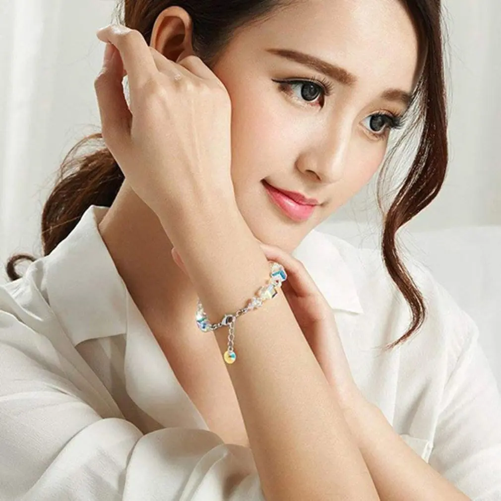 Браслет женский стрейчевый со сверкающими кристаллами Авроры цепочка из звеньев