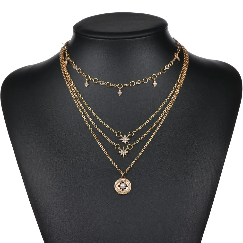 

Fashion creative star Pearl Pendant Necklace multi layer chain necklace jewelry collar