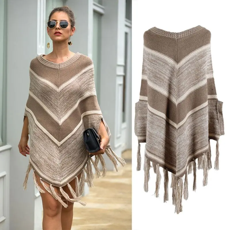 

Women Winter Crew Neck Pullover Sweater Top Color Block Striped Fringe Tassels Shawl Wrap Batwing Knitted Loose Poncho Cape Cloa