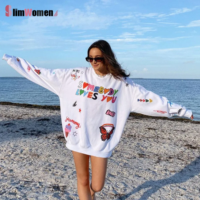 Свитшот женский оверсайз с длинным рукавом свободный белый Повседневный милый