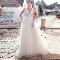 long sleeves tulle a line wedding dress lace appliques bridal gowns illusion back with buttons back bridal gowns simple robe