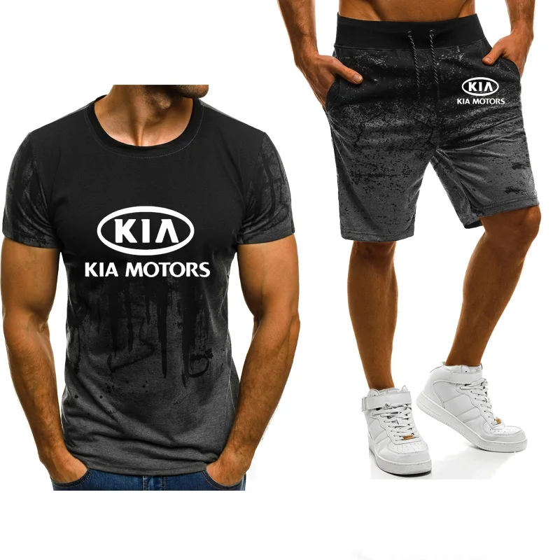

New Summer Men T Shirts KIA Motor Car Logo Print short sleeve Casual Crew neck Gradient Cotton Men's T-shirt+shorts 2pcs suit