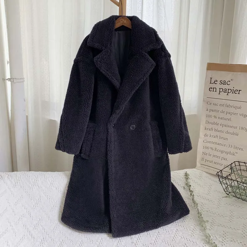 black teddy coat Зимнее утолщенное теплое пальто из искусственного меха, женское модное базовое пальто из овечьей шерсти большого размера, уличное пушистое длинное пальто - Цвет: black teddy coat