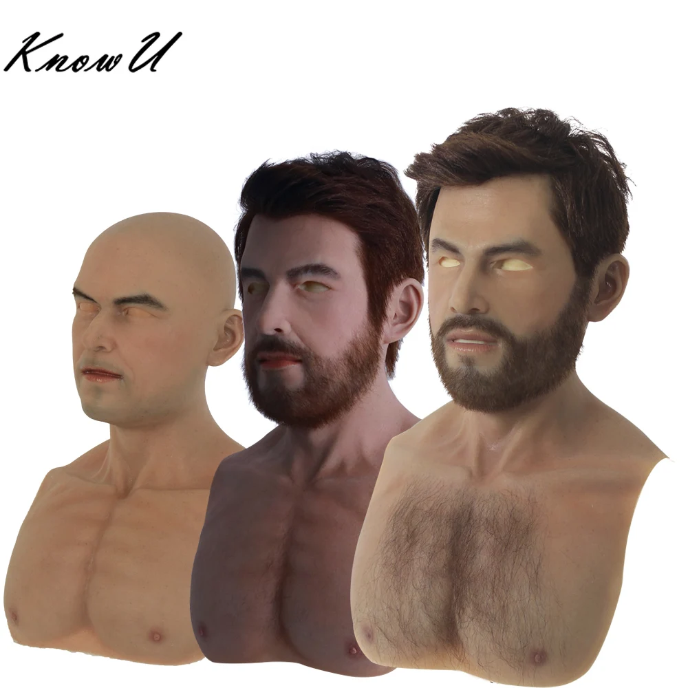 

KnowU Silicone Male Mask with Chest Hair Eyebrows Open Mouth Headgear Cosplay Crossdress