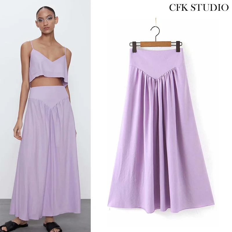 Женская плиссированная шифоновая майка с высокой талией фиолетовая элегантная