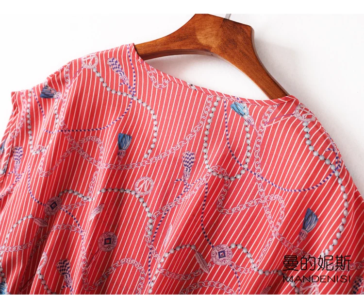 

Women's 100% Silk T-shirt new style loose type Top Blouse Round Neck coral stripe fashion shirt L1052