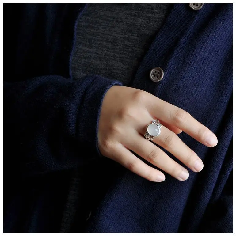 

Original design natural chalcedony flower plant opening adjustable ring Chinese retro charm women's silver jewelry