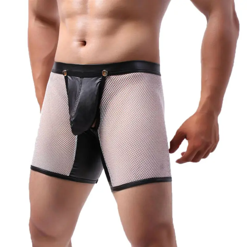 

Mens Trunks Boxer Briefs Faux Leather Removable Pouch Shorts Underwear Panties