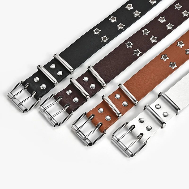 

1PC Vintage Women Punk Leather Belt Black Double Eyelet Grommet PU leather uckle Belt Female Ladies Waist Jeans Belts