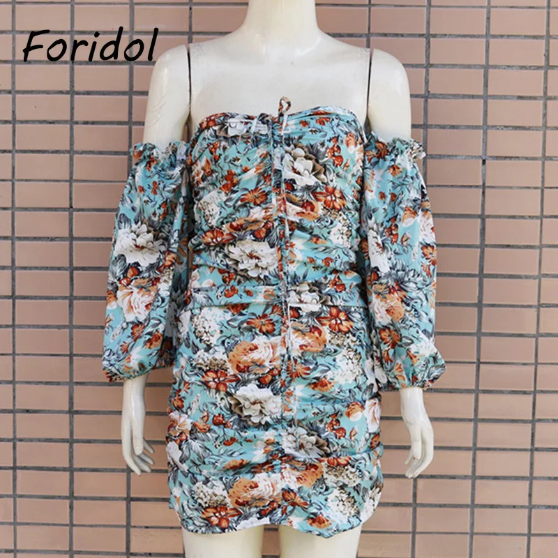 

Foridol Floral Print Boho Summer Dress Off Shoulder Ruched Bodycon Mini Dress Club Party Sexy Short Dress Beach Blue Dress 2021