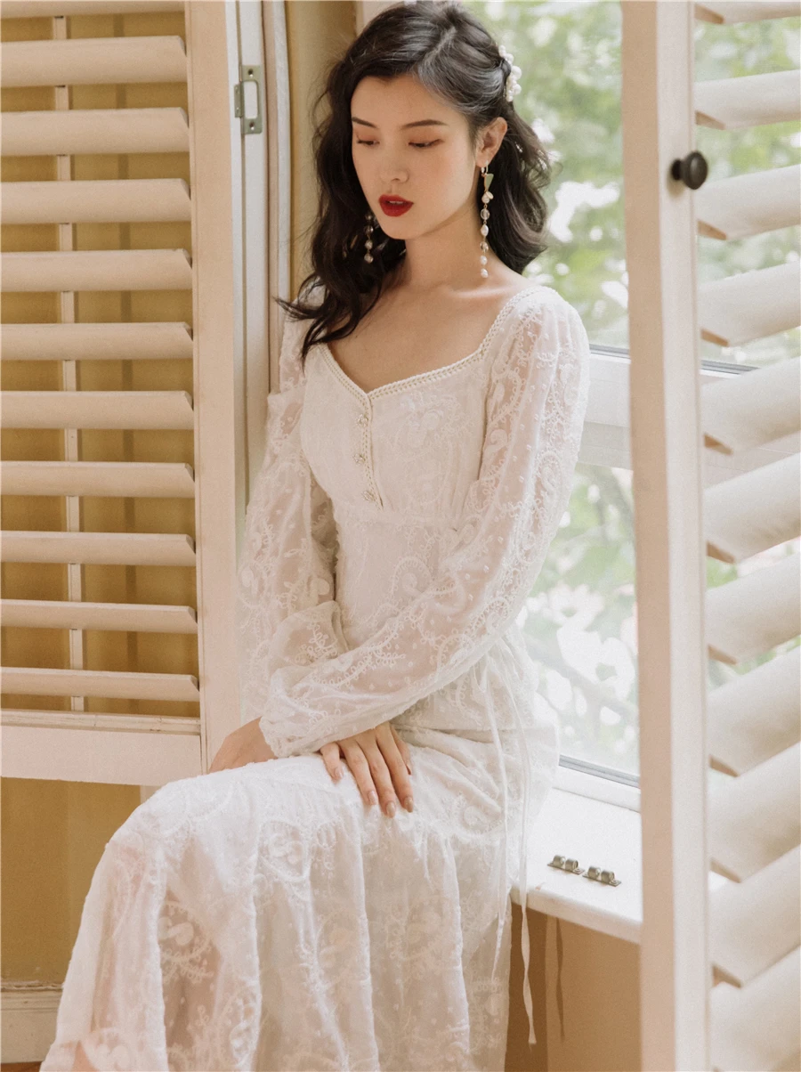 

White Lace Fairy Dress Vintage Square Collar Long Puff Sleeve Large Size Dresses For Elegant Lady Date Party Vestido Branco