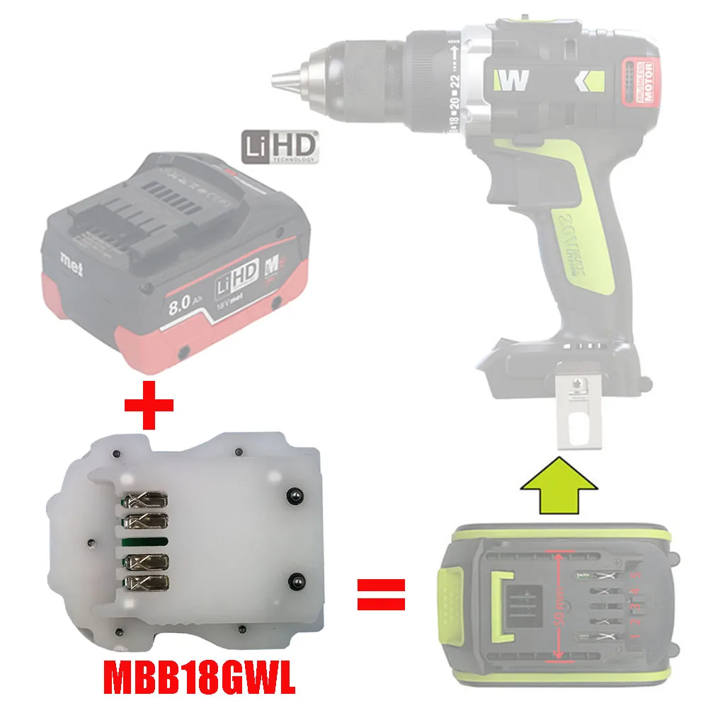 

MBB18GWL Adapter Converter Connector Use Metabo 18V Li-ion Battery on Worx Green Large Foot Tool Replace 5 pin Lithium Battery