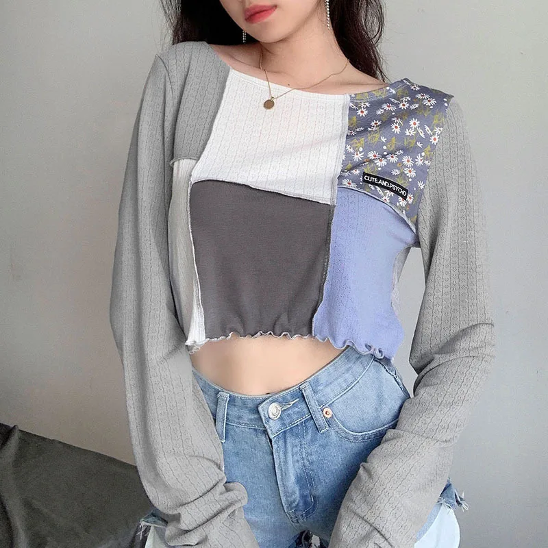 

Contrast Color Patchwork Ruhed Heritage Thright Style Crop Top Women Vintage Tshirt Street Fashion Navel Bare T-shirt
