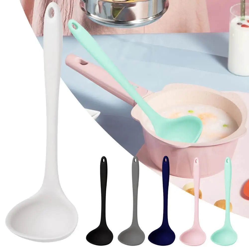 

6 Colors Kitchen Ladle Light Anti-scald Flexible Silicone Long Handle Soup Scoop Cooking Porridge Spoon Big Round Food Scoop