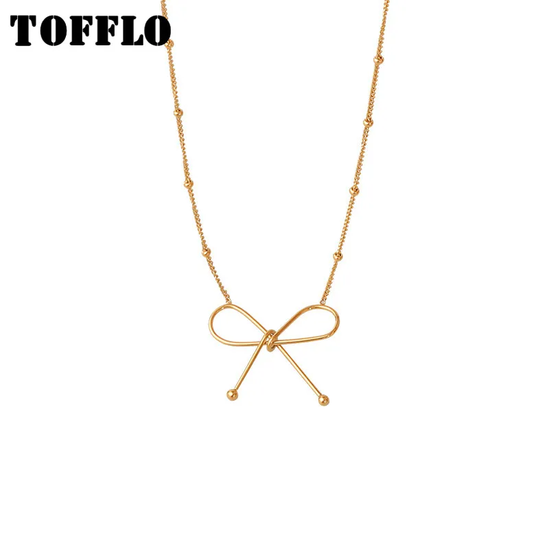 

TOFFLO Stainless Steel Jewelry Bow Simple Style Necklace Small Gold Bead Chain Women's Sweet Clavicle Chain BSP549