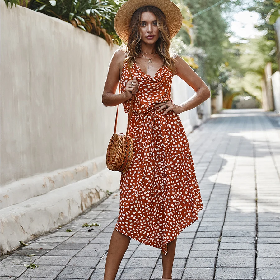 Женское платье в горошек без рукавов на бретельках | Женская одежда
