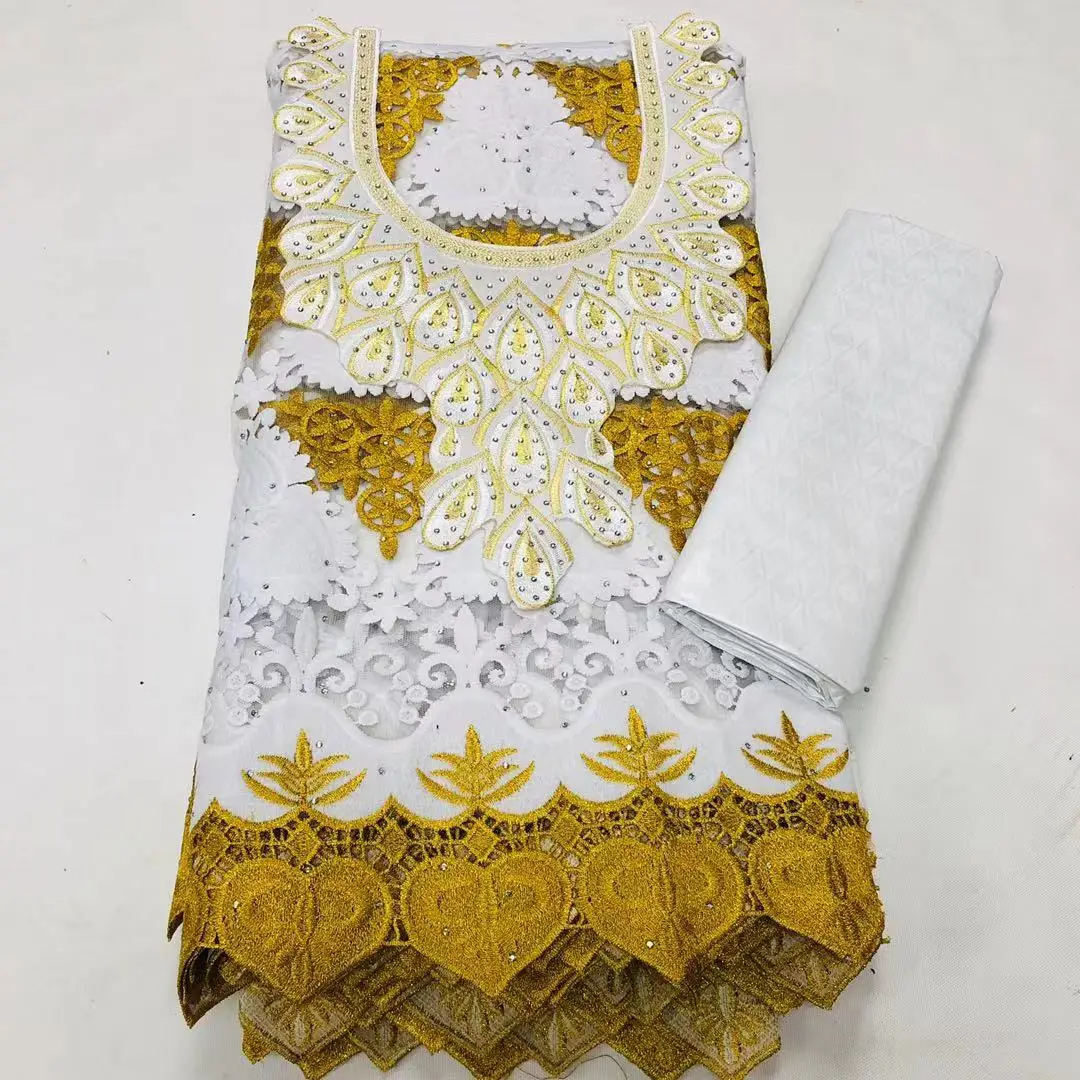 

African Stones Tulle Net lace With Bazin Riche African Style 2.5+2.5yards Collar Embroidery Match Set For Wedding Dress B23-25