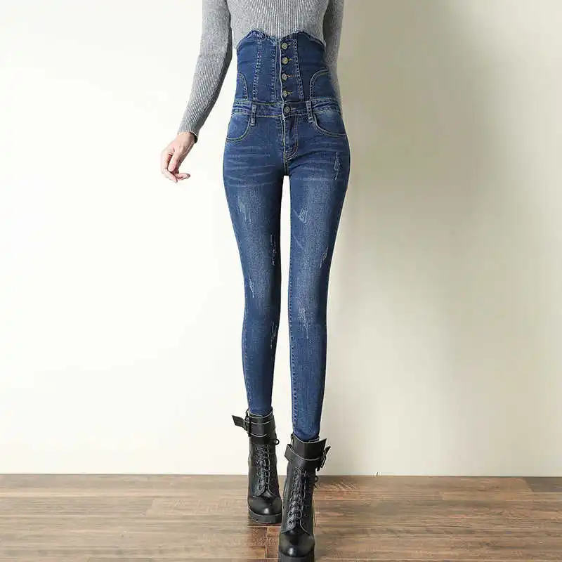 

Women Elastic High Waist thin abdomen blue black Skinny Stretch jeans female boyfriend mom Jeans washed denim pants plus H43