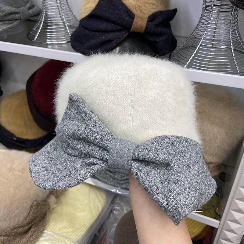 

202110-2508677 japan style winter warm Rabbit hair patchwork cloth bowknot lady bucket cap women leisure hat