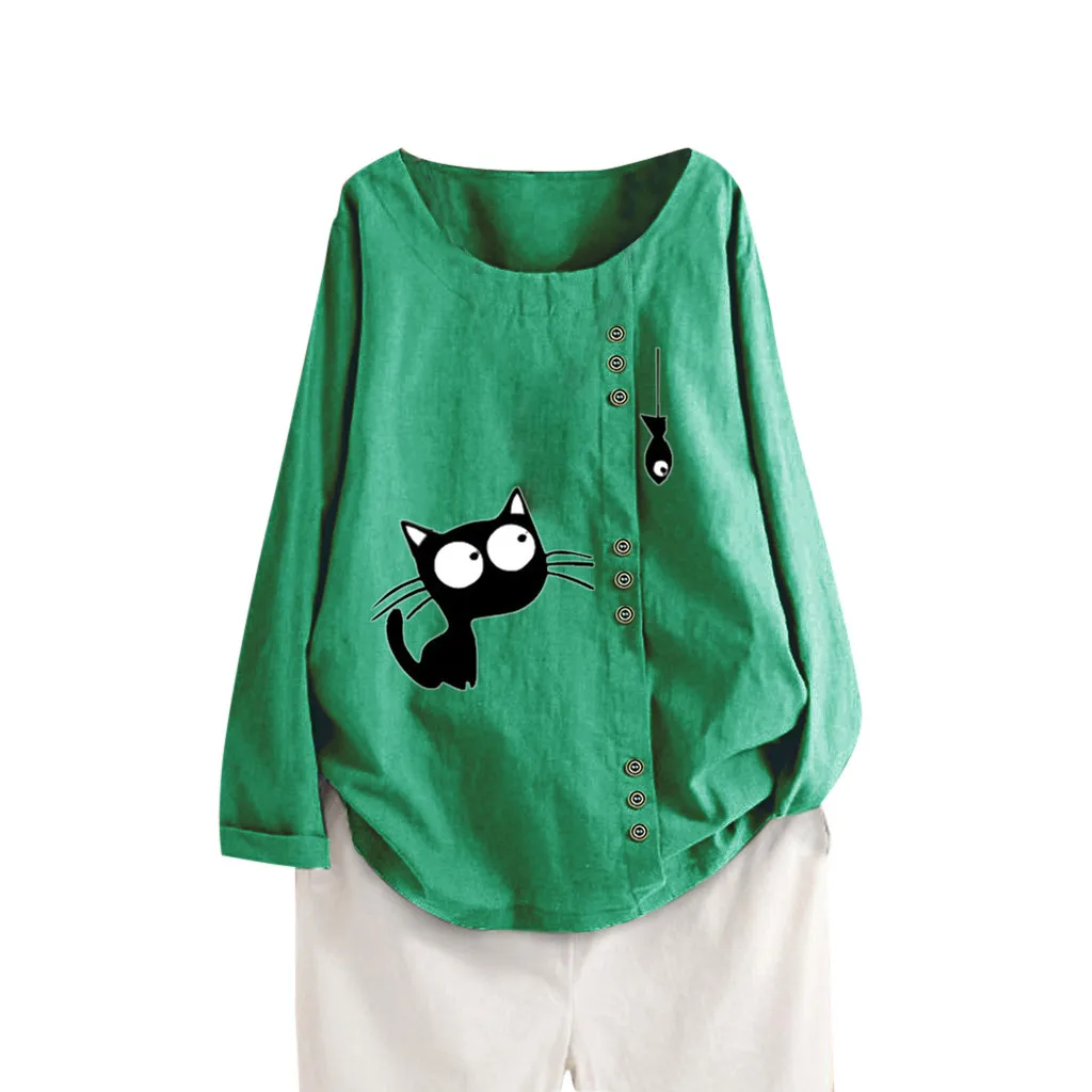 Green Poleras mujer de moda, женская Повседневная Туника с длинными рукавами и принтом кота, футболка, Топы, рубашка, женская футболка - Цвет: Green
