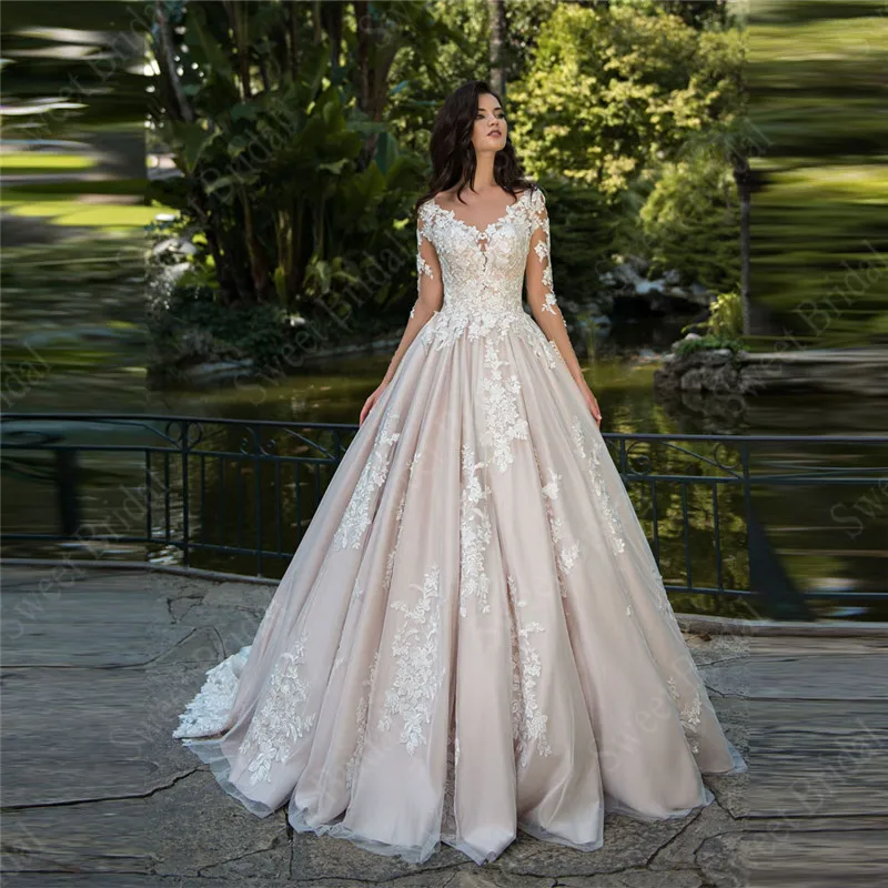 

Роскошное бальное платье, кружевные свадебные платья, кружевные аппликации, свадебные платья, Vestido De Noiva, с пуговицами, иллюзия сзади