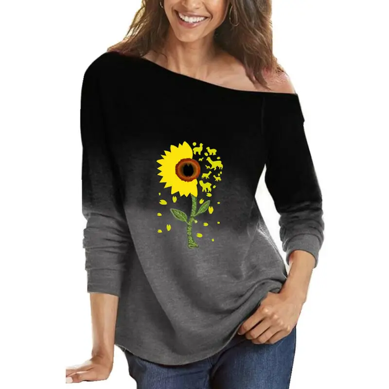 

Ladies Basic Printed Gradient Tops Womens Casual Loose Long Sleeves Sweatshirts