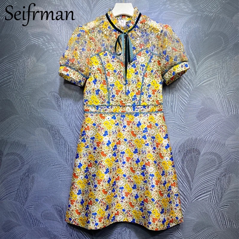 

Seifrmann 2021 новые летние женские модные взлетно-посадочной полосы вечерние короткое платье с рукавами-фонариками, с бантом, кружевные с цветоч...