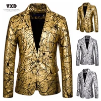 brand new mens fashion gold silver crack print blazer masculino design casual male slim fits suit jacket stage singer costume