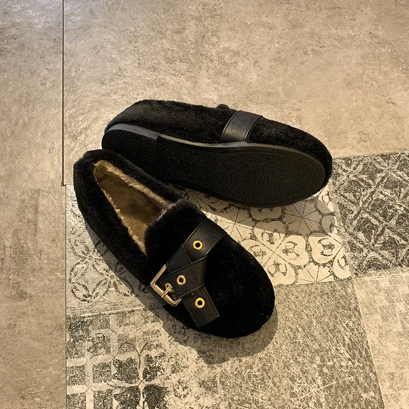 

2020 New Spring Warm Plush Flats Women Winter Shoes Woman Metal Buckle Plush Inside Loafers Ladies Home Ladies Slip On Shoes