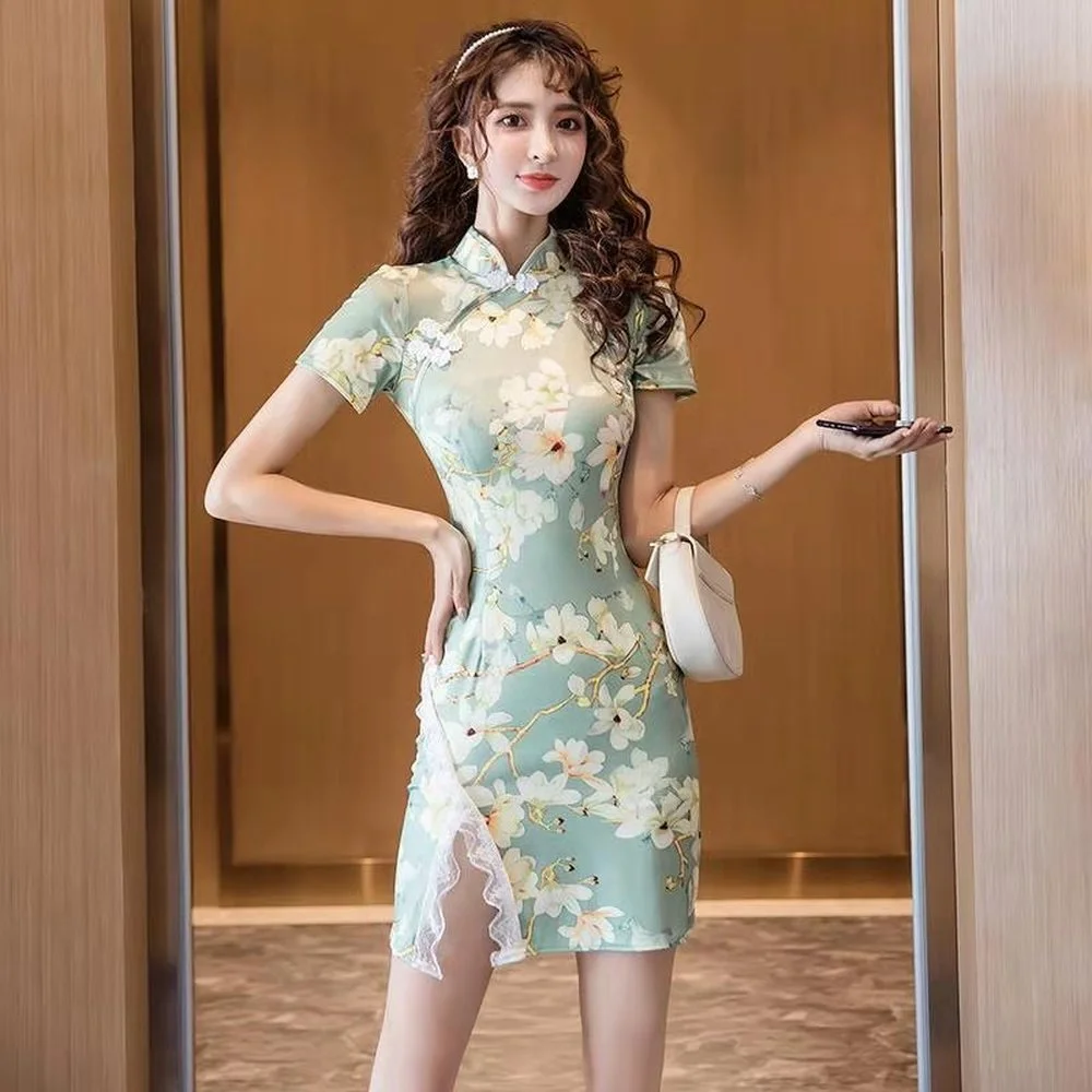 

Women Retro Elegant Lace Slim Qipao Korean Style Floral Print Party Evening Dress Lady Sexy Nightclub Bodycon Chinese Cheongsam