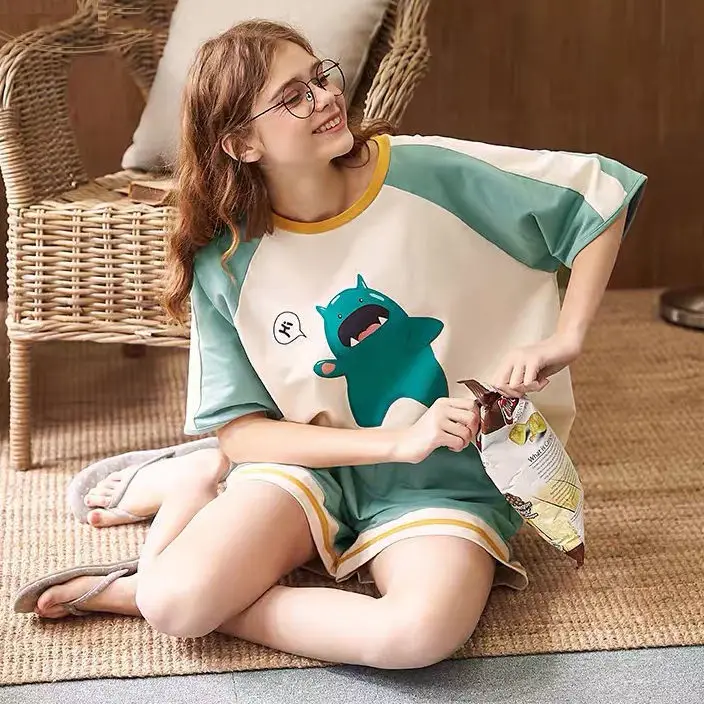 Thin Section Pajamas Female Summer Cotton Two-piece Suit Korean Version of The Student Can Wear Outside The Home Clothes