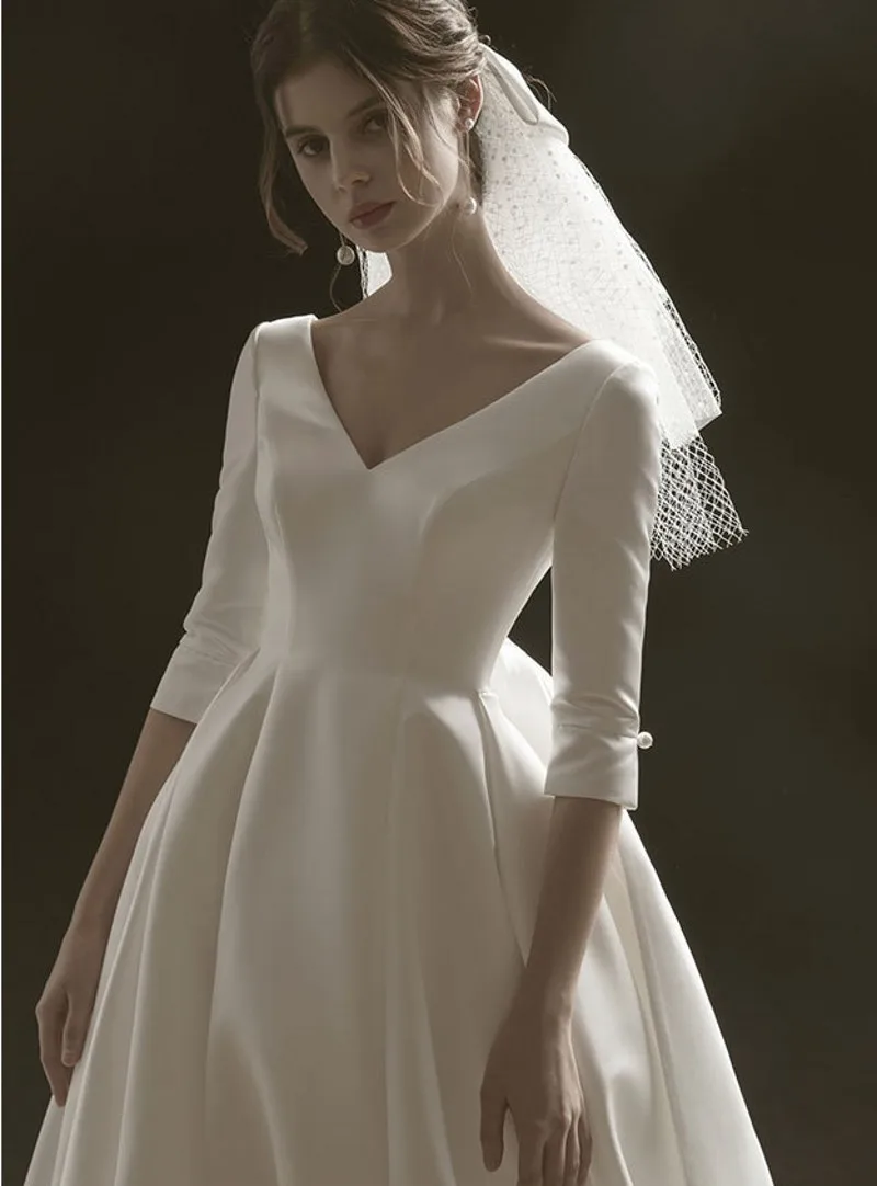 High Quality Long Satin Wedding Dresses 2021 Half Sleeve V-neck Backless Bridal Gowns With Bow Vestido De Mariee Custom Made