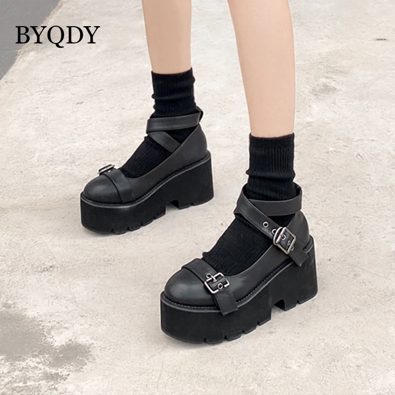 

BYQDY Japan Styles Round Head Mary Janes Pumps Lolita Shoes Increased Platform Thick Heel Cross Bandage Kawaii Footwear Cosplay