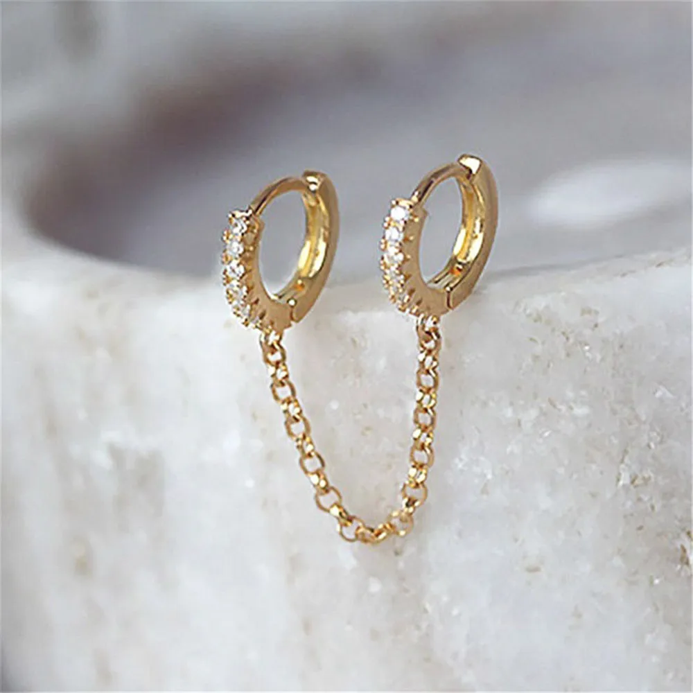 

1pcs Hot Sale Two Hole Piercing Earrings For Women Brilliant Crystal Zircon 3 Metal Color Chain Earring Party Jewelry