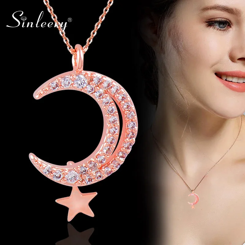 

SINLEERY Hollow Crystal Moon Small Star Pendant Necklace Rose Gold Silver Color Chain For Women Fashion Jewelry Xl788 SSF