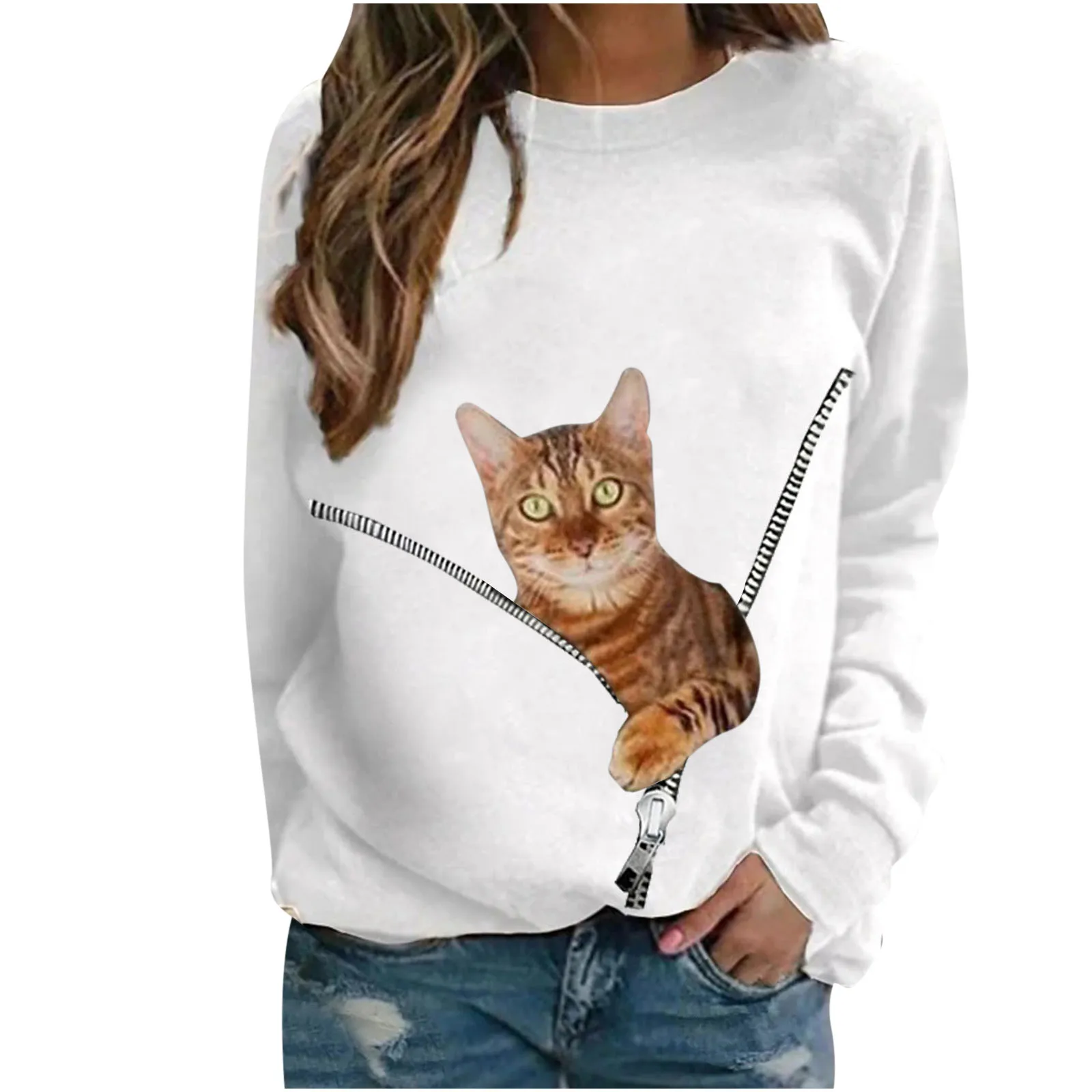 women's Hoodi Fashion Women Casual O- Neck Cat  Print Long-sleeved T-shirt las mujeres sweetshirts 2021 new hot sale