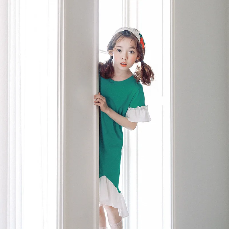 

2021 New Teens Girls Dresses Kids Clothes Summer Mermaid Mid Long Princess Dress Girl Children Short Sleeve Green Clothing