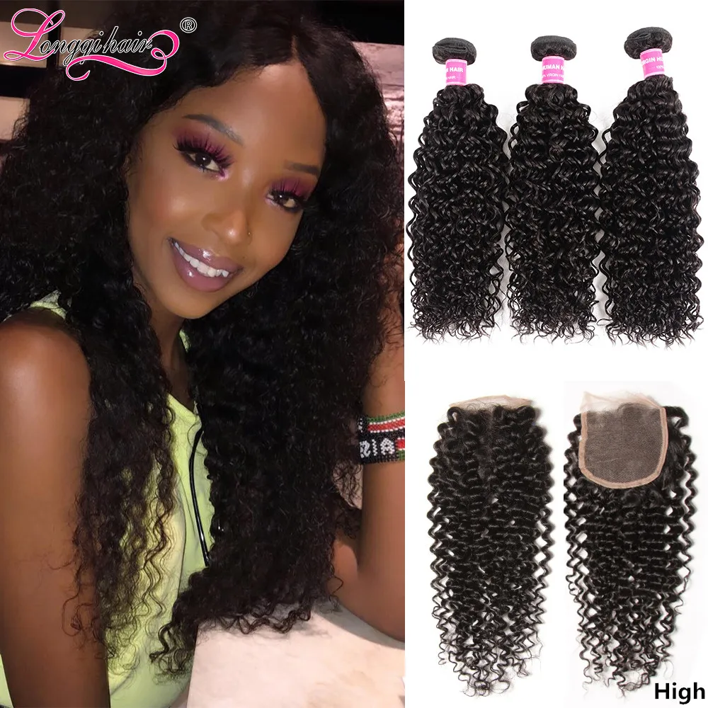Longqi hair бразильский Реми человеческие волосы пряди с закрытием вьющиеся человеческие волосы 3 пряди с Закрытие 4x4 закрытие волос человеческие волосы переплетения