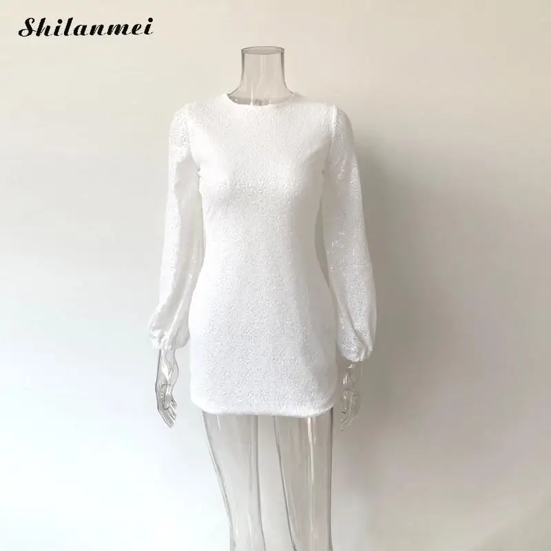 2019 осеннее обтягивающее женское платье с рукавами фонариками белое пайетками