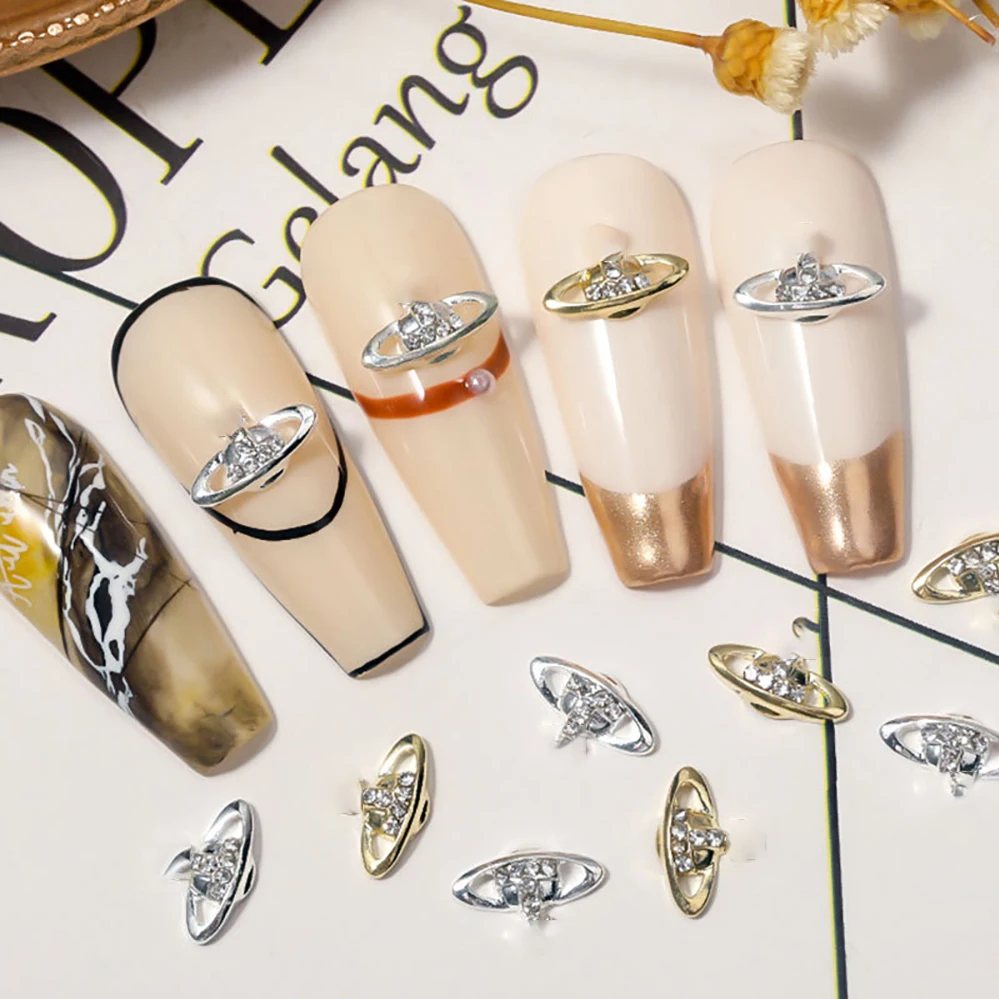 

New Trend 3d Manicure Planet Dangle Zircon Nail Charms Gold Metal Rhinestones Crystal Jewelry for Nail Art Decal Decoration Tool