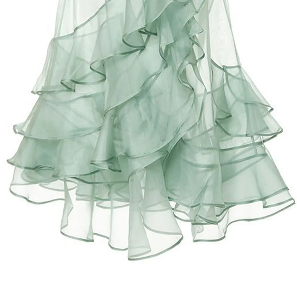 

2021 Boho Sexy See Through Light Green Skirt Women Falbala Mesh Asymmetric Skirts High Waist New Fashion For Party Summer Chic