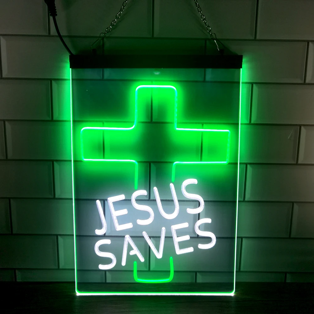 

1S028 Jesus Saves Cross Home Decoration Night Light Dual Color LED Neon Sign
