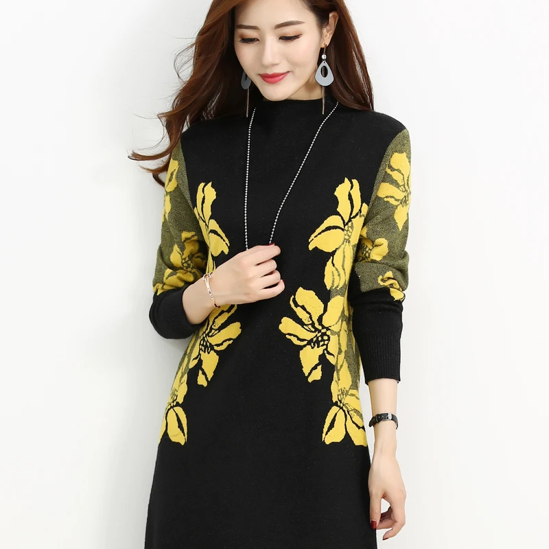 Женское вязаное платье Осень зима новый стиль плюс размер свободный с принтом