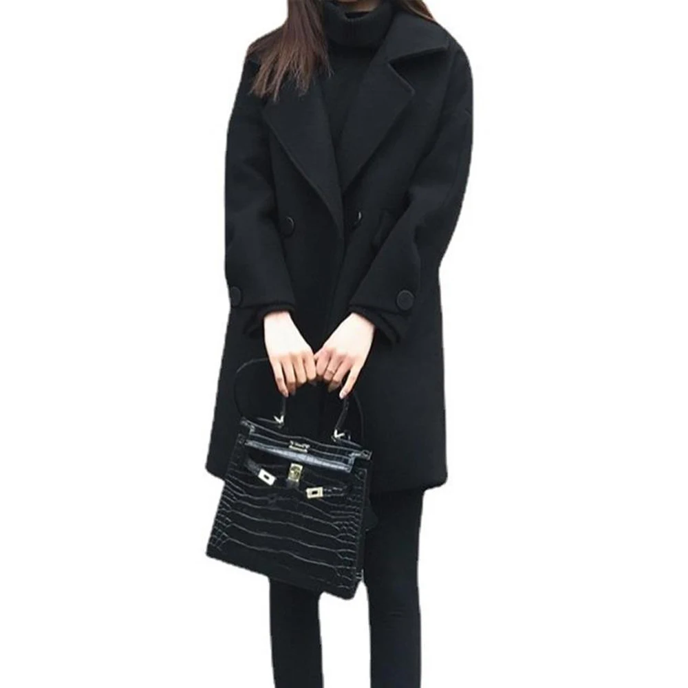 

Womens Thermal Blends Lapel Winter Autumn Commute Button Mid-Length Coat Casual Winter Coats Warm Black Overcoat