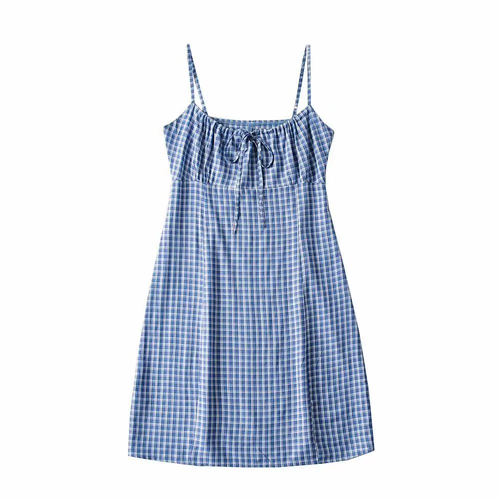 

BM Wind Blue Plaid Lace Up Simple Sling 2021 Summer New Small Fresh Bottom Plaid Dress DLQZ2034