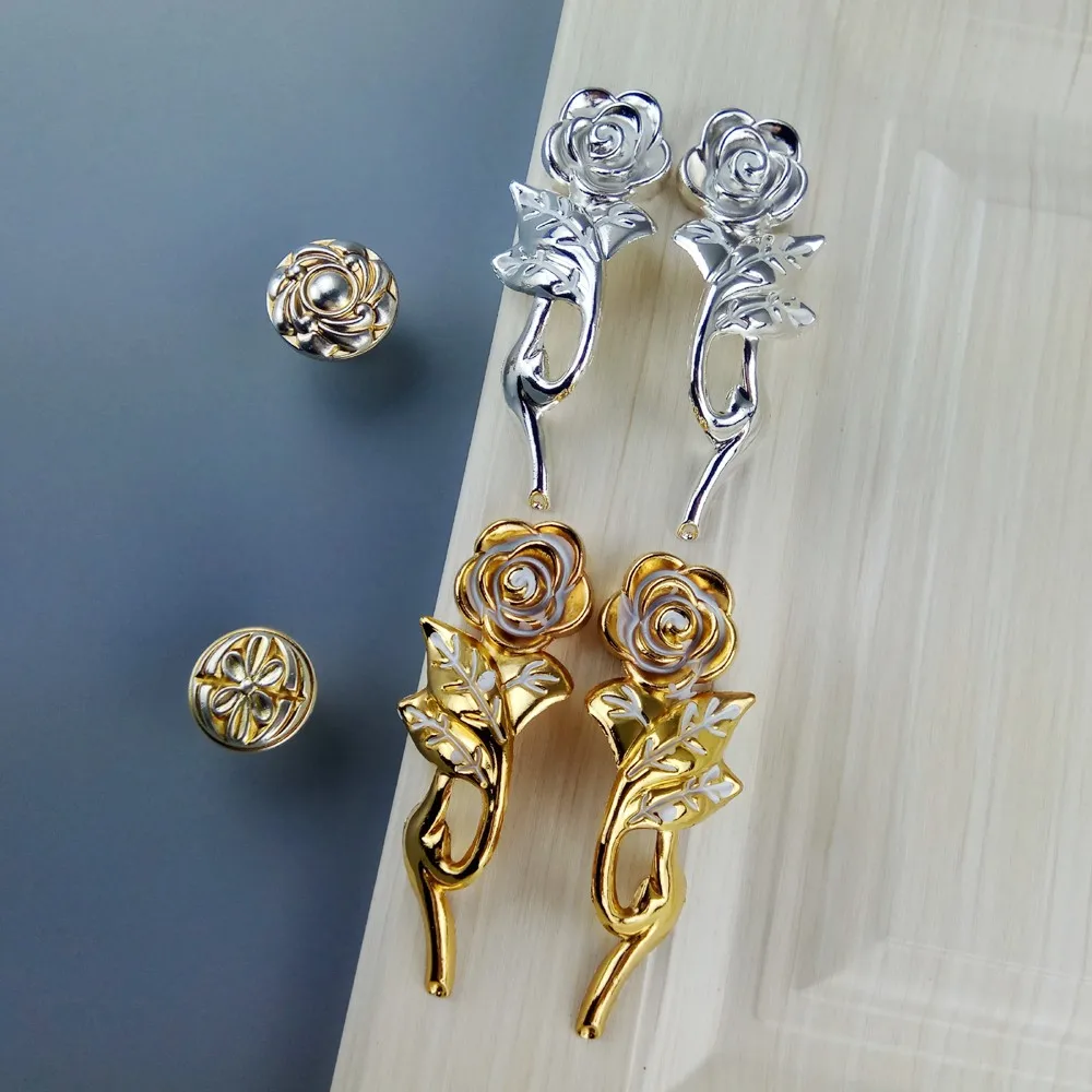 Металлическая ручка для мебели в виде цветочных листьев золотые и серебряные