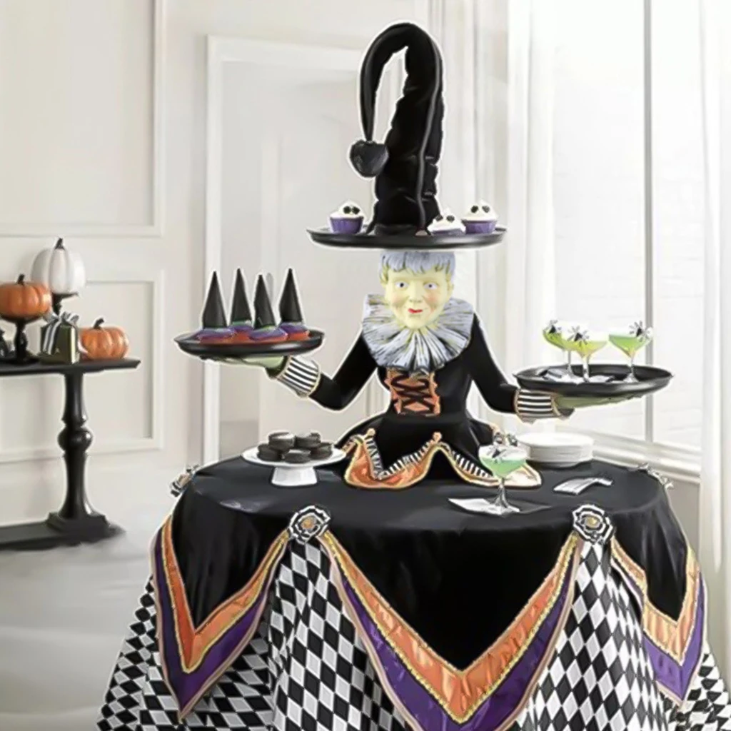 

Y5GA Halloween Witch Tabletop Server with Harlequin Tablecloth Cupcake Display Stand Home Decoration Resin Statue Tray