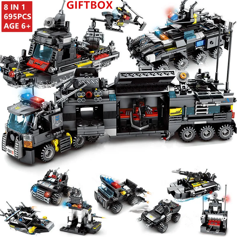 

8IN1 SWAT Police Command Truck Building Blocks City Helicopter Model Bricks ARMY Chariot Tank Armored Troops DIY Creative Toys