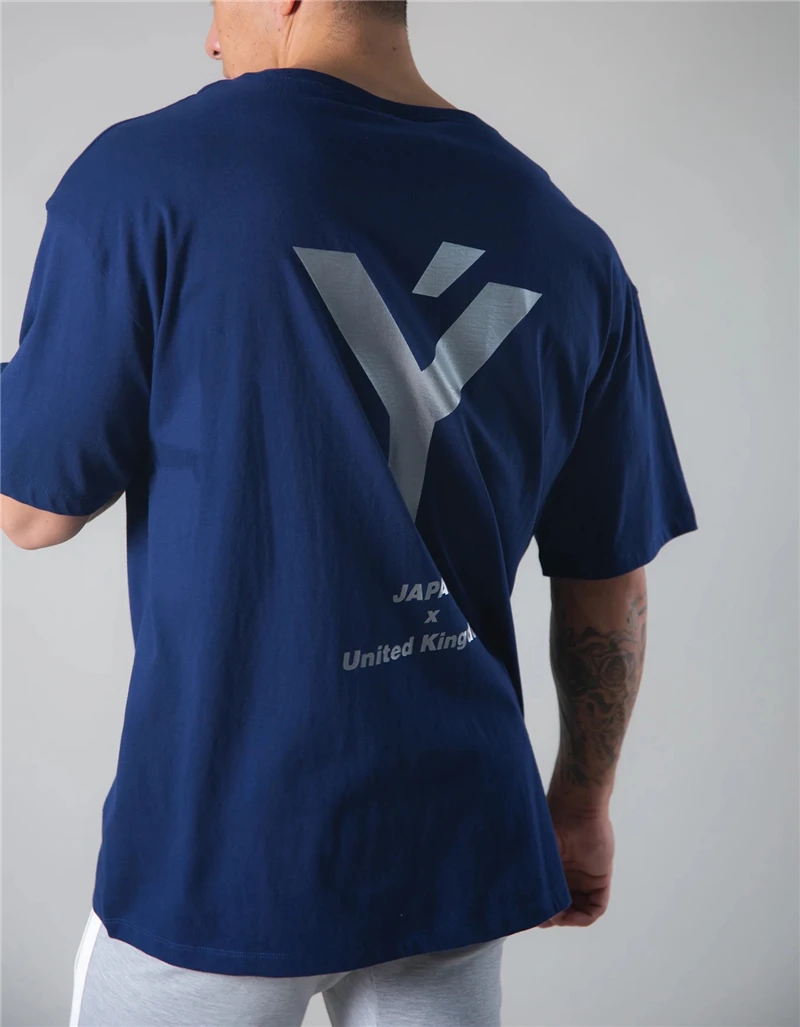 

Summer New Men's Fashion Brand Pure Cotton Round Neck T-shirt Leisure Gym Bodybuilding Style Slim Printed Sports Navy Blue Shirt